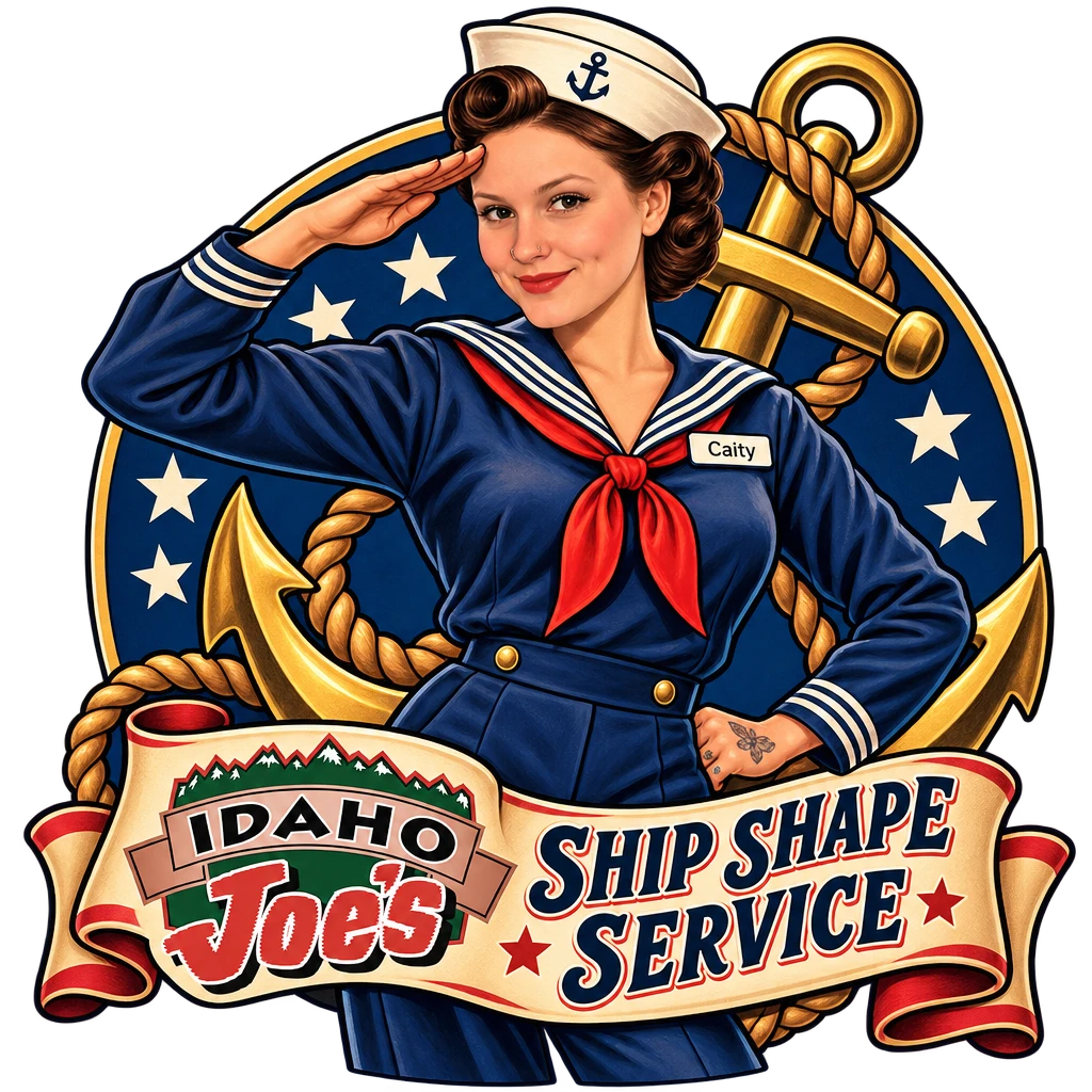 Idaho Joe's sticker: Caity as a sailor saluting by an anchor – “Ship Shape Service”
