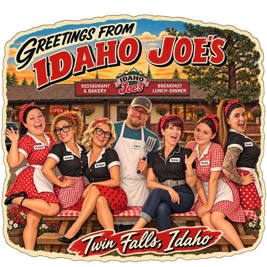 Idaho Joe's sticker: the crew on a vintage Twin Falls postcard – “Greetings From Idaho Joe's”