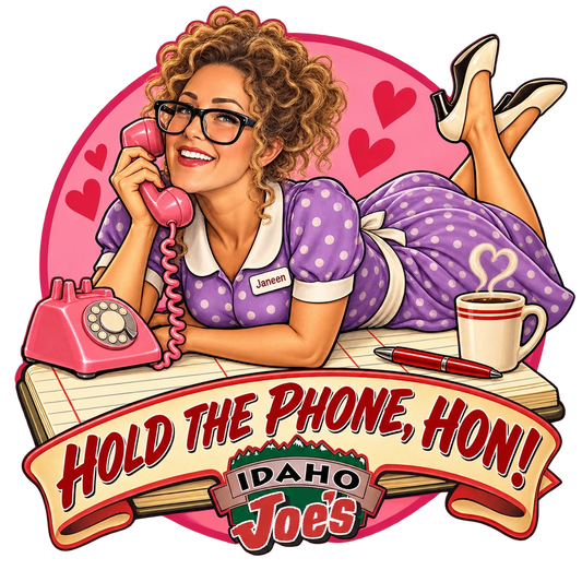 Idaho Joe's sticker: Janeen as a pin-up on a pink rotary phone – “Hold the Phone, Hon!”