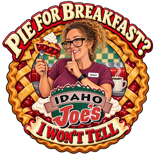 Idaho Joe's sticker: Janeen sneaking a bite of cherry pie – “Pie for Breakfast?”
