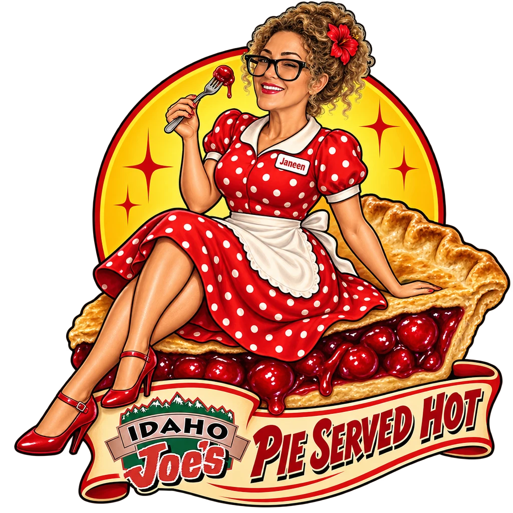 Idaho Joe's sticker: Janeen in a polka-dot dress sitting on a giant cherry pie slice – “Pie Served Hot”