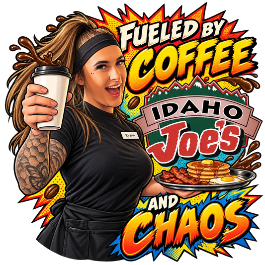 Idaho Joe's sticker: Ryann with a to-go coffee and a breakfast plate – “Fueled by Coffee and Chaos”