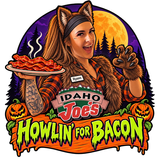 Idaho Joe's sticker: Ryann as a werewolf with a plate of bacon – “Howlin' for Bacon”