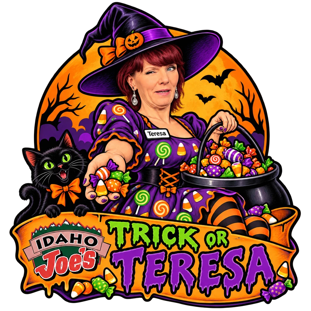 Idaho Joe's sticker: Teresa as a candy witch handing out treats – “Trick or Teresa”