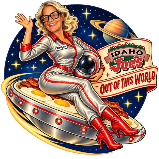 Idaho Joe's sticker: Terilynn as a space girl riding a breakfast flying saucer – “Out of This World”