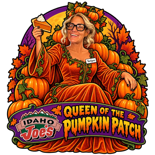 Idaho Joe's sticker: Terilynn as the pumpkin queen on a throne of pumpkins – “Queen of the Pumpkin Patch”