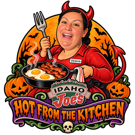 Idaho Joe's sticker: Victoria as a devil holding a skillet of eggs and bacon – “Hot From the Kitchen”