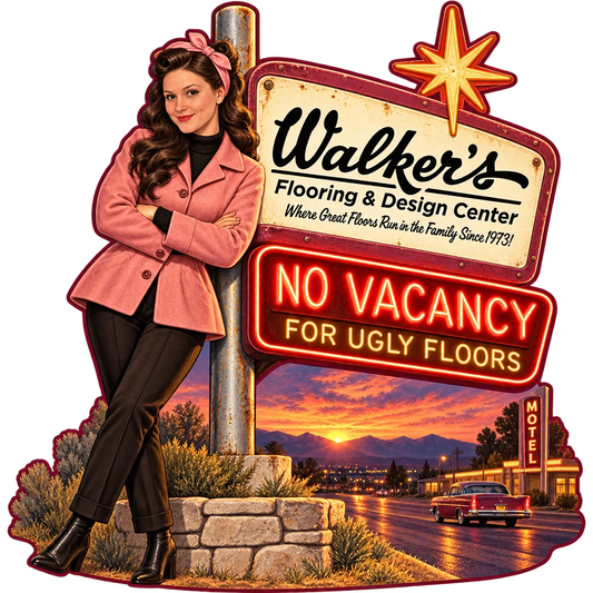 Walker's Flooring & Design Center sticker: Sammy leaning on a neon motel sign – “No Vacancy for Ugly Floors”