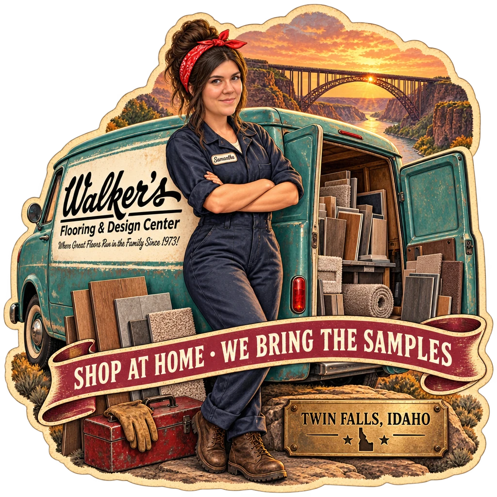Walker's Flooring & Design Center sticker: Sammy beside a vintage van loaded with samples – “Shop at Home · We Bring the Samples”
