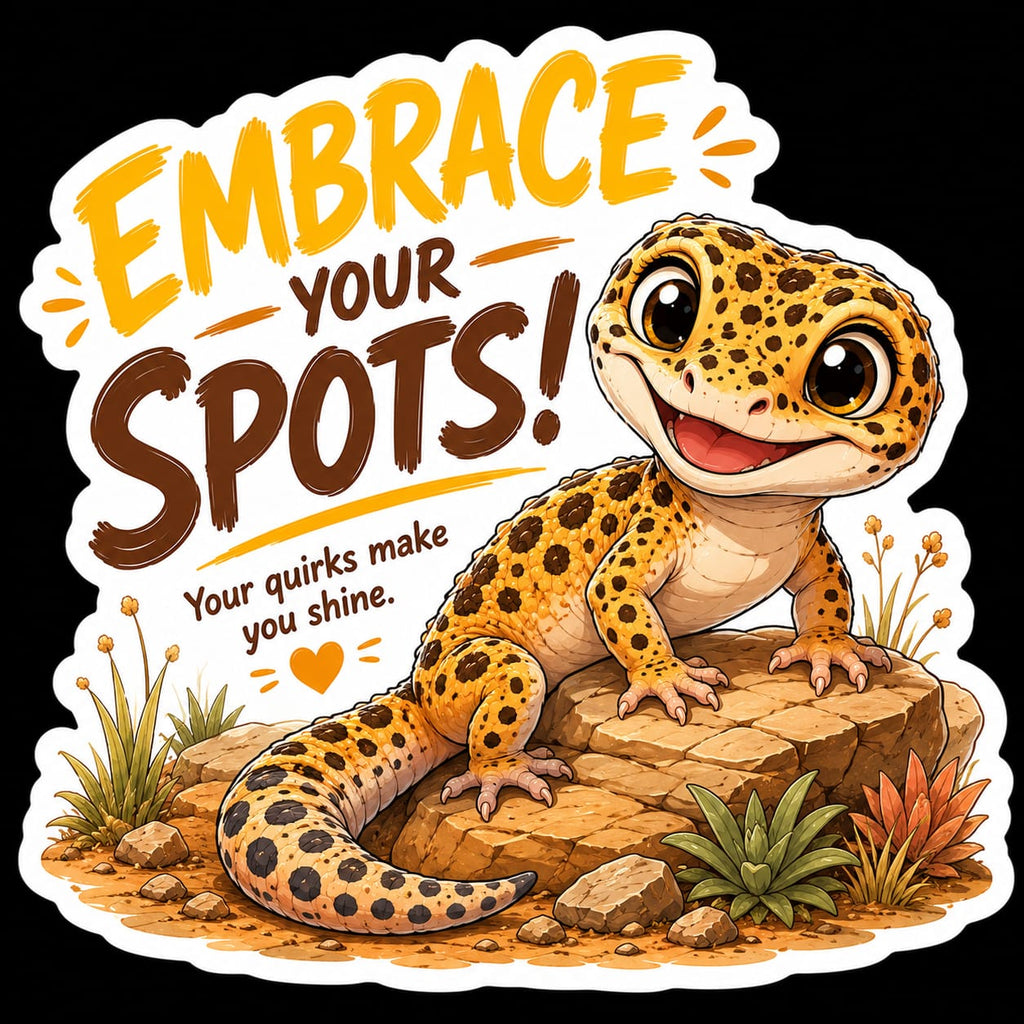 A die-cut sticker featuring a cartoon leopard gecko sitting on rocks with the text 'EMBRACE YOUR SPOTS!' and 'Your quirks make you shine.' on a black background.