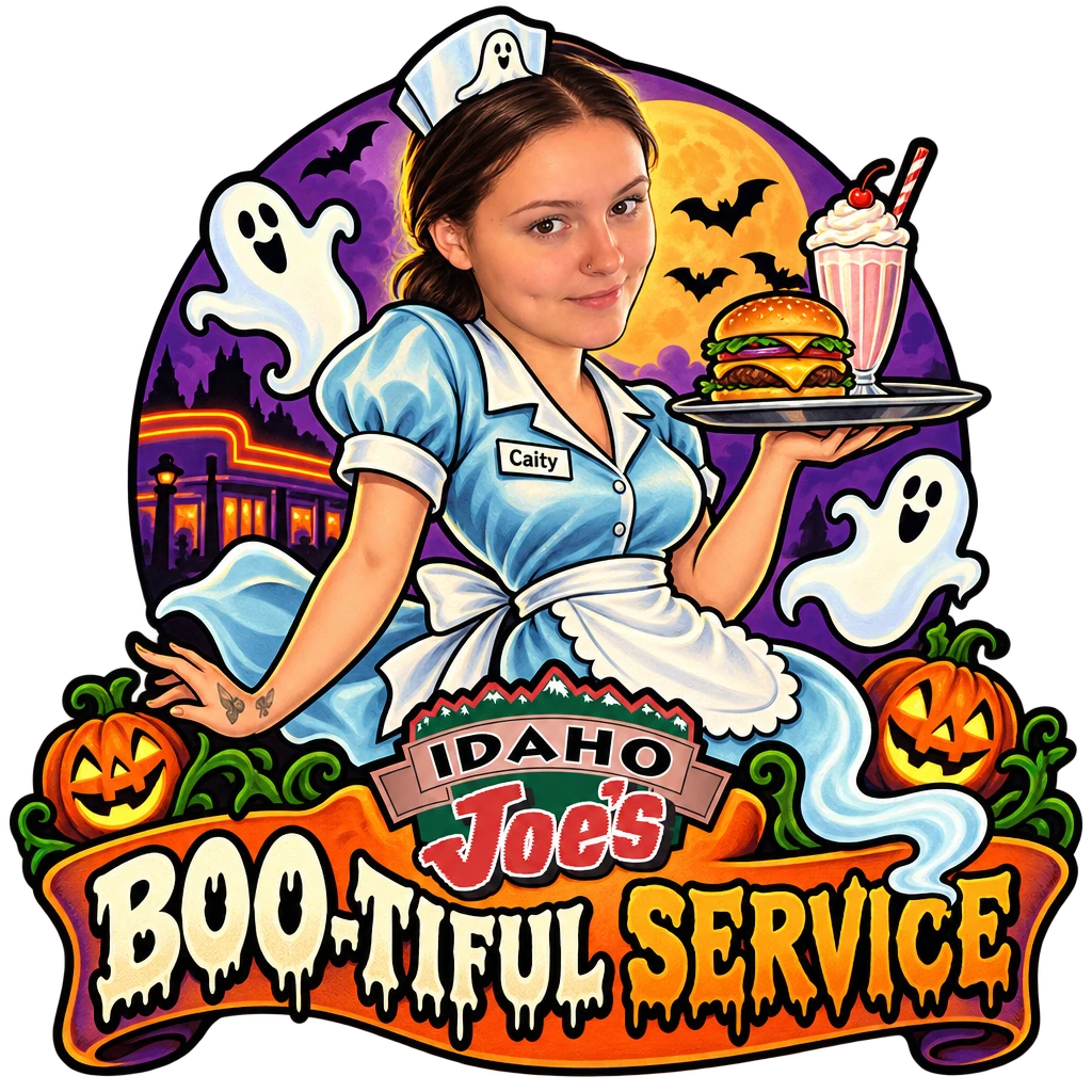 Idaho Joe's sticker: Caity as a ghost waitress carrying a burger and milkshake – “Boo-tiful Service”
