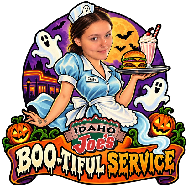 Idaho Joe's sticker: Caity as a ghost waitress carrying a burger and milkshake – “Boo-tiful Service”