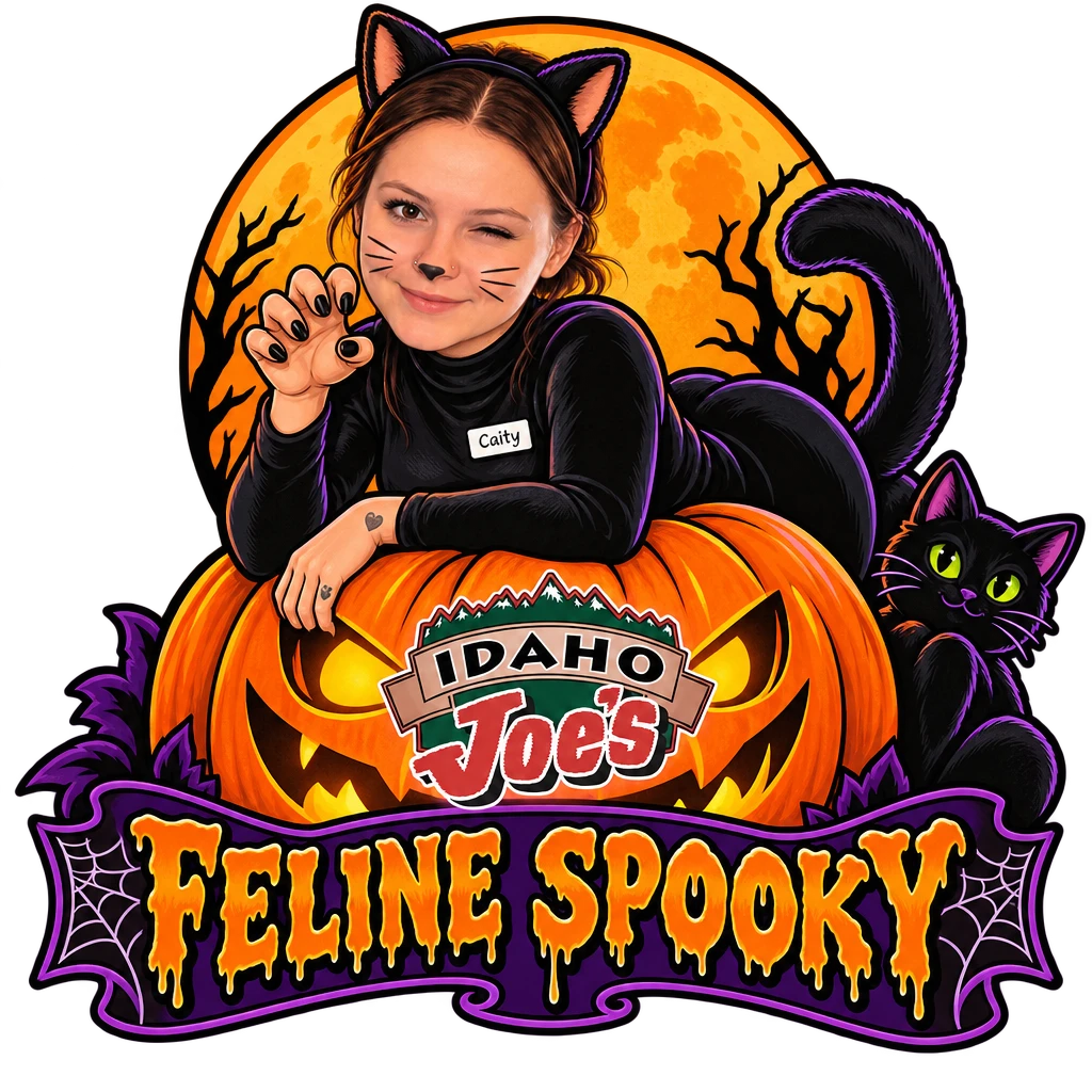 Idaho Joe's sticker: Caity with cat ears lounging on a giant jack-o'-lantern – “Feline Spooky”