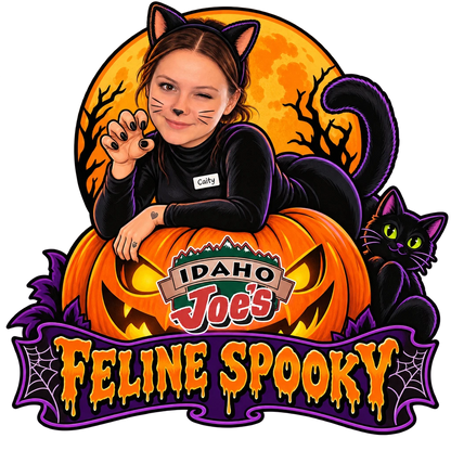 Idaho Joe's sticker: Caity with cat ears lounging on a giant jack-o'-lantern – “Feline Spooky”