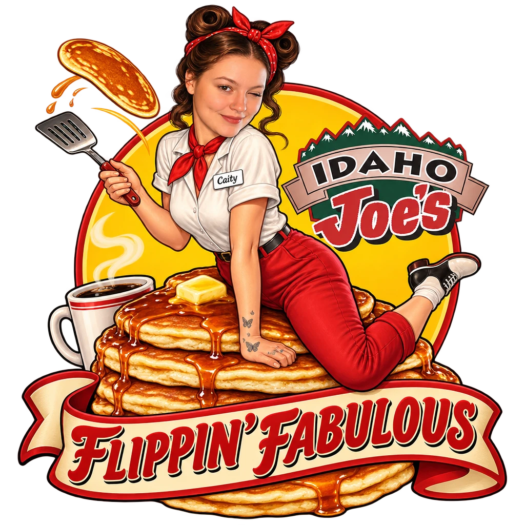 Idaho Joe's sticker: Caity as a pin-up flipping pancakes on a pancake stack – “Flippin' Fabulous”
