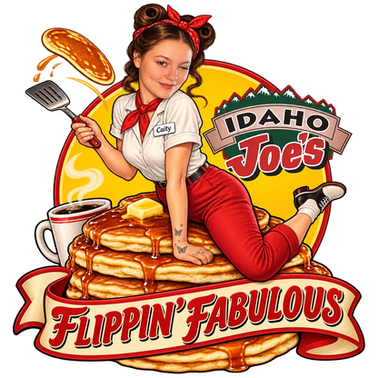 Idaho Joe's sticker: Caity as a pin-up flipping pancakes on a pancake stack – “Flippin' Fabulous”