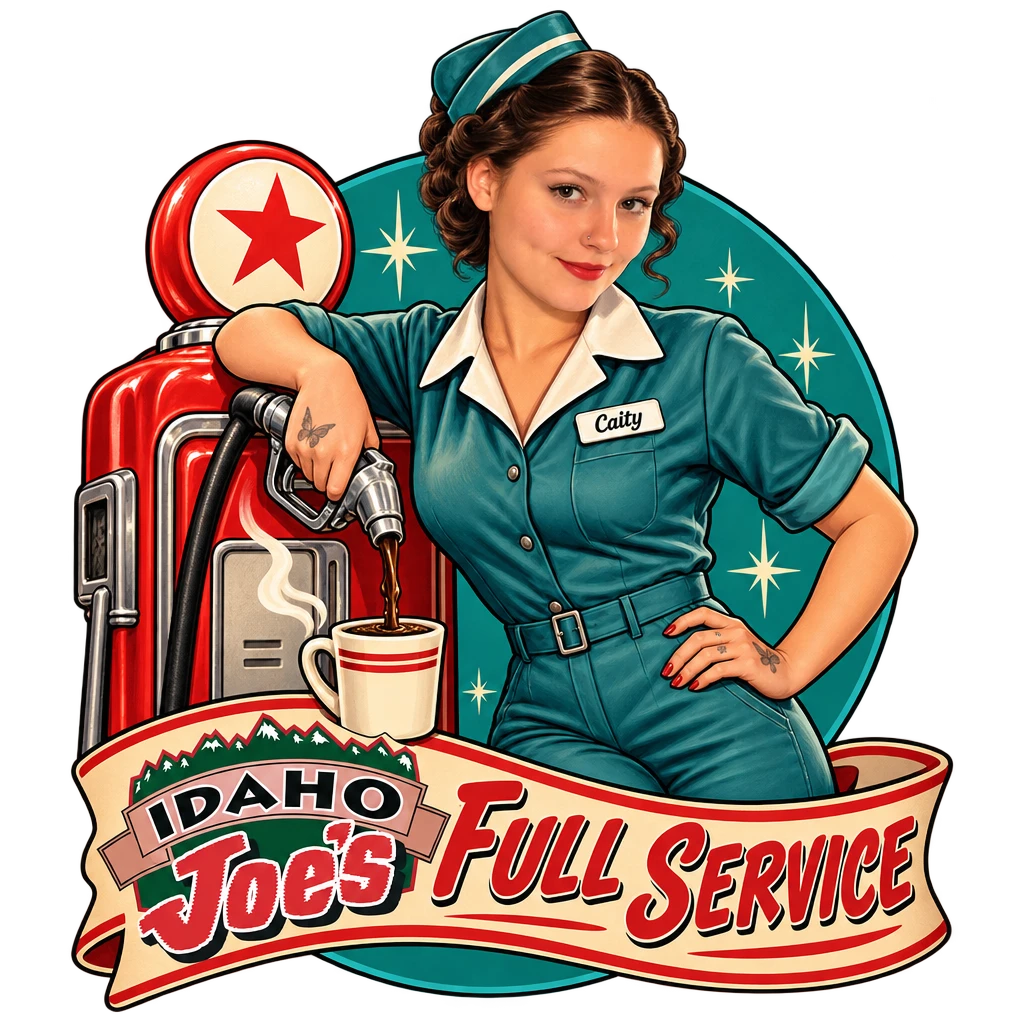 Idaho Joe's sticker: Caity as a retro gas-station attendant pumping coffee – “Full Service”