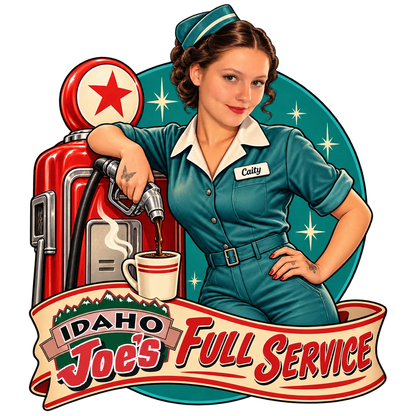 Idaho Joe's sticker: Caity as a retro gas-station attendant pumping coffee – “Full Service”