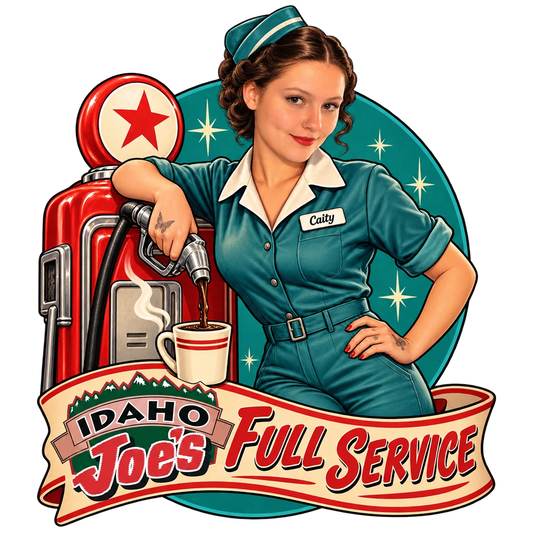 Idaho Joe's sticker: Caity as a retro gas-station attendant pumping coffee – “Full Service”