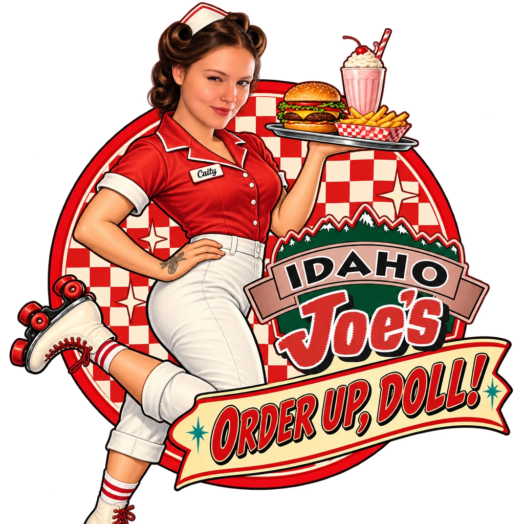 Idaho Joe's sticker: Caity as a roller-skating carhop with a burger tray – “Order Up, Doll!”