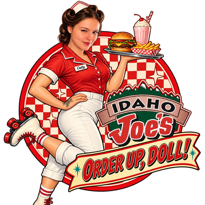 Idaho Joe's sticker: Caity as a roller-skating carhop with a burger tray – “Order Up, Doll!”