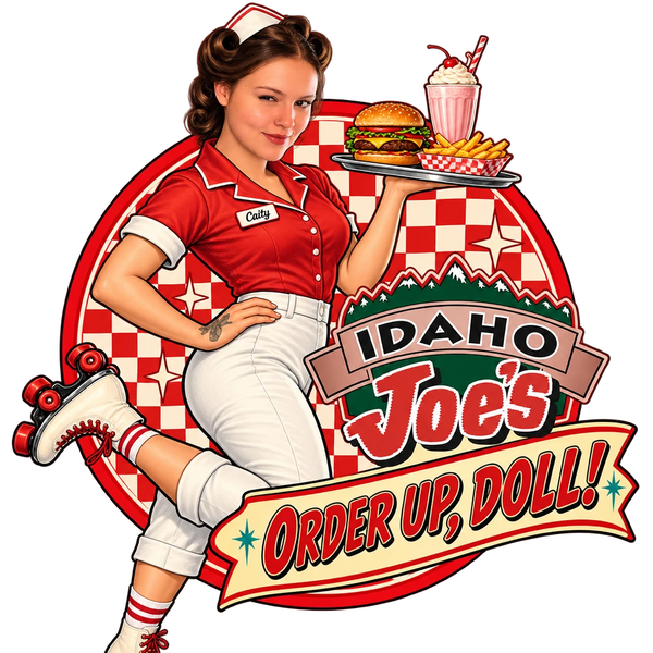 Idaho Joe's sticker: Caity as a roller-skating carhop with a burger tray – “Order Up, Doll!”