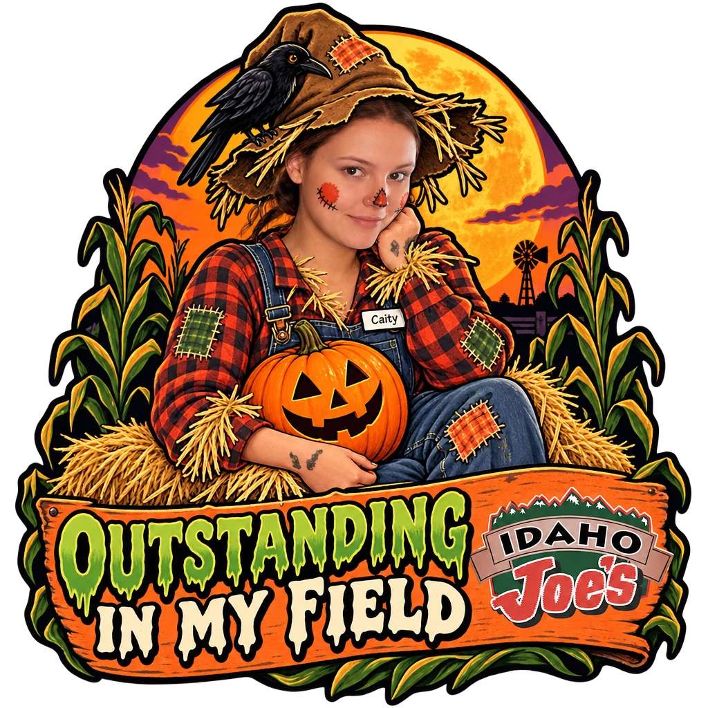 Idaho Joe's sticker: Caity dressed as a scarecrow in a corn field – “Outstanding in My Field”