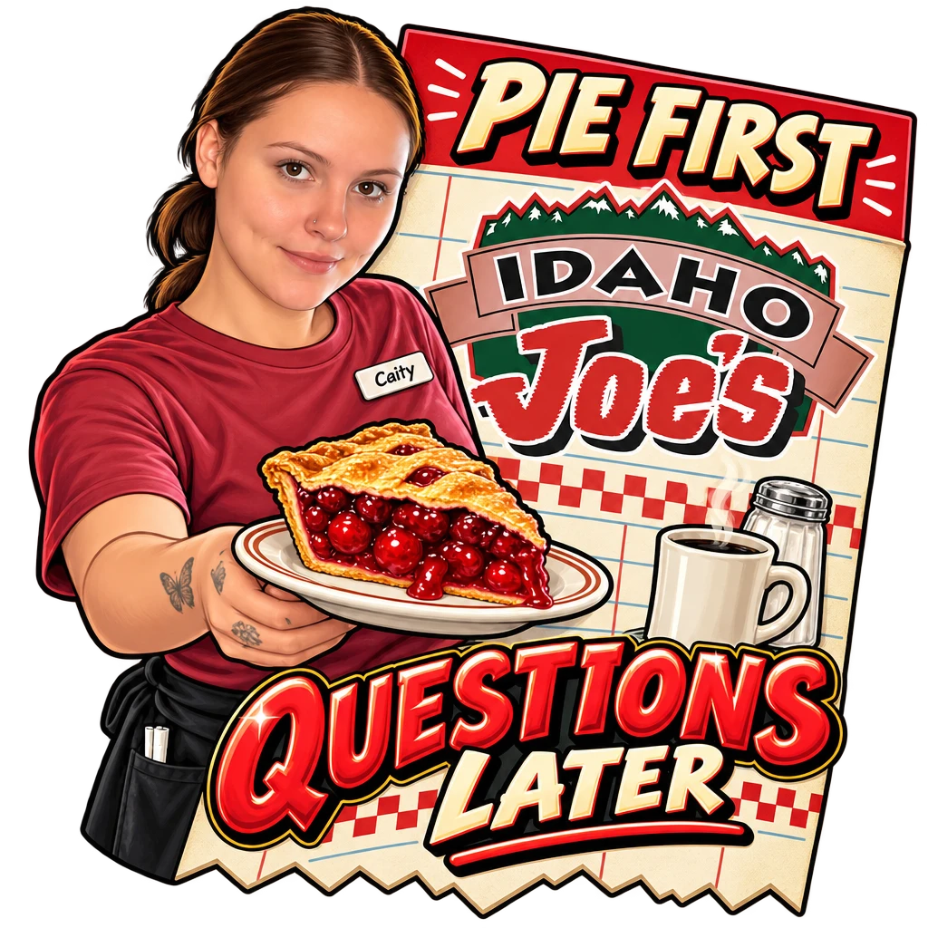 Idaho Joe's sticker: Caity holding out a slice of cherry pie – “Pie First, Questions Later”
