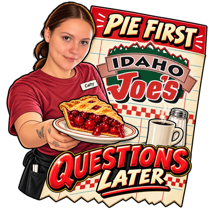 Idaho Joe's sticker: Caity holding out a slice of cherry pie – “Pie First, Questions Later”