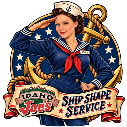 Idaho Joe's sticker: Caity as a sailor saluting by an anchor – “Ship Shape Service”