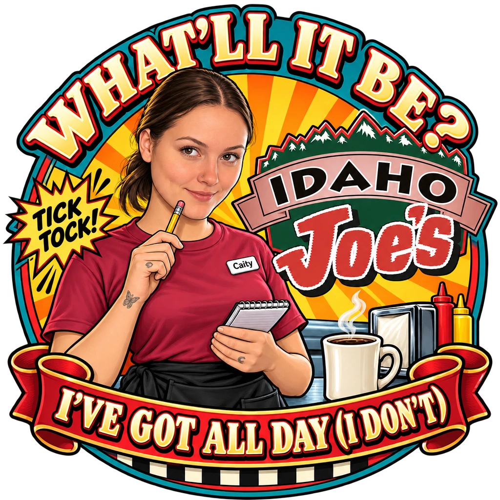 Idaho Joe's sticker: Caity waiting with her order pad – “What'll It Be?”
