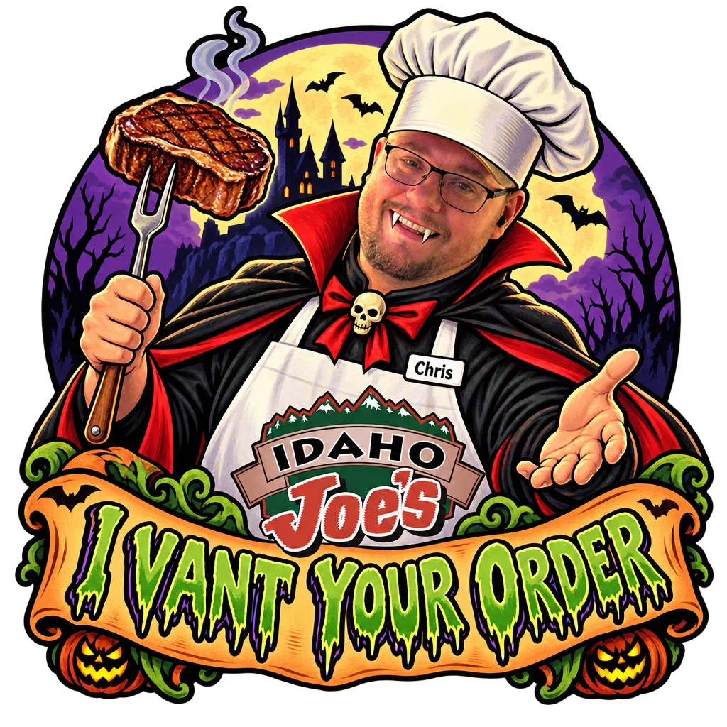 Idaho Joe's sticker: Chris as a vampire chef holding a grilled steak – “I Vant Your Order”