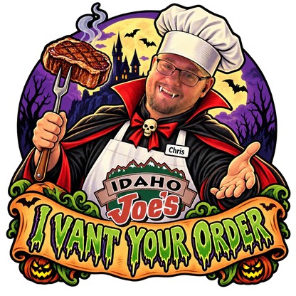 Idaho Joe's sticker: Chris as a vampire chef holding a grilled steak – “I Vant Your Order”