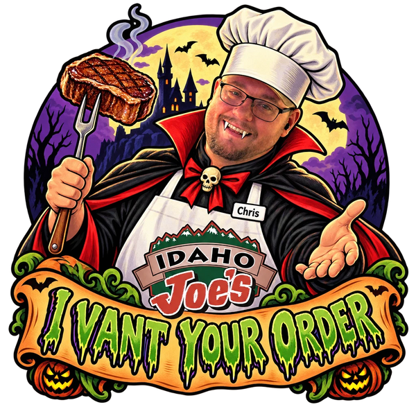 Idaho Joe's sticker: Chris as a vampire chef holding a grilled steak – “I Vant Your Order”