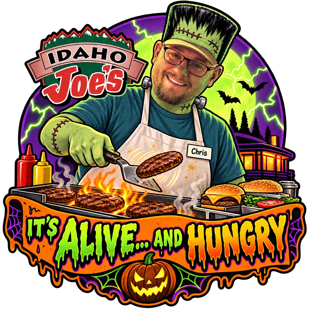 Idaho Joe's sticker: Chris as Frankenstein's monster grilling burgers – “It's Alive... and Hungry”