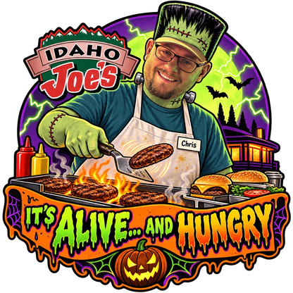 Idaho Joe's sticker: Chris as Frankenstein's monster grilling burgers – “It's Alive... and Hungry”