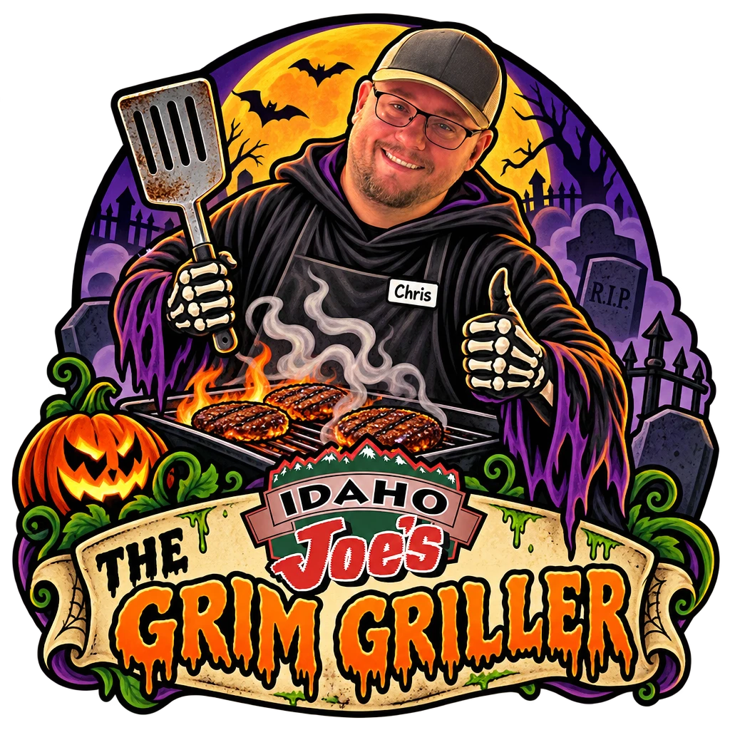 Idaho Joe's sticker: Chris as the Grim Reaper at the grill – “The Grim Griller”