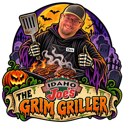 Idaho Joe's sticker: Chris as the Grim Reaper at the grill – “The Grim Griller”