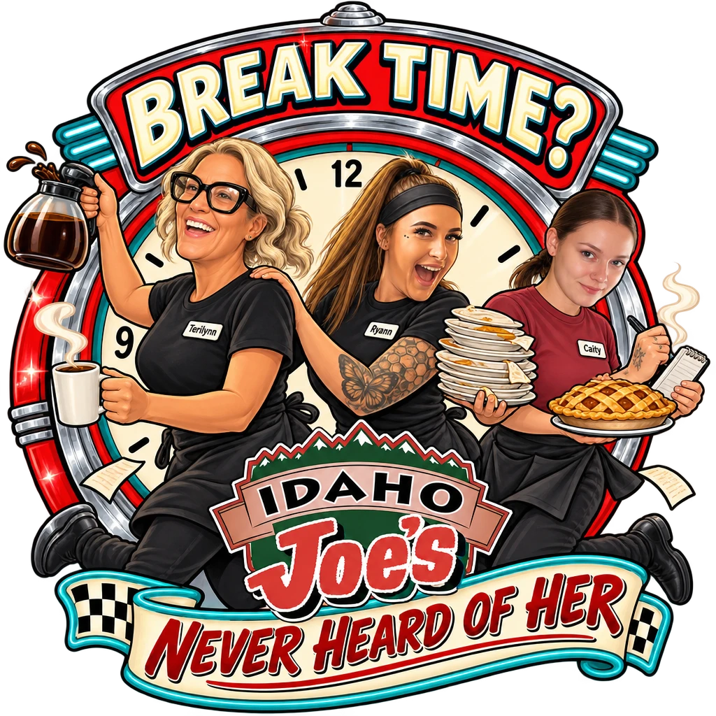 Idaho Joe's sticker: Terilynn, Ryann and Caity rushing past the clock – “Break Time?”