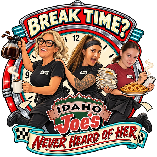 Idaho Joe's sticker: Terilynn, Ryann and Caity rushing past the clock – “Break Time?”