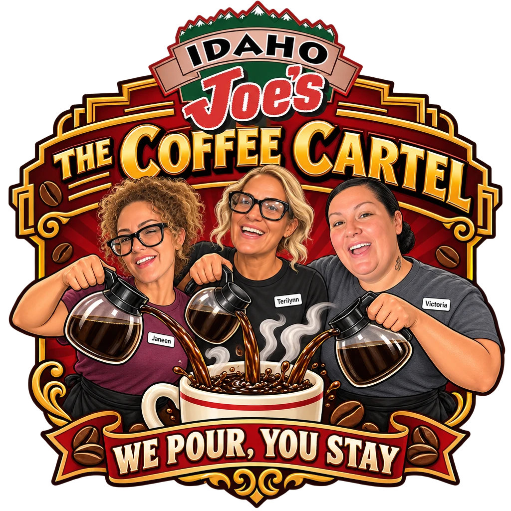Idaho Joe's sticker: Janeen, Terilynn and Victoria pouring coffee together – “The Coffee Cartel”