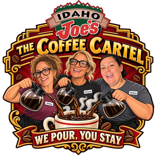 Idaho Joe's sticker: Janeen, Terilynn and Victoria pouring coffee together – “The Coffee Cartel”