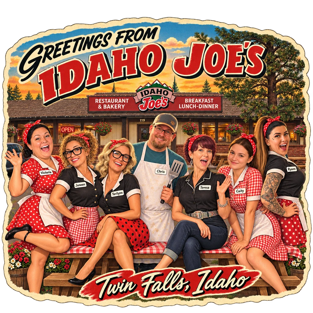 Idaho Joe's sticker: the crew on a vintage Twin Falls postcard – “Greetings From Idaho Joe's”