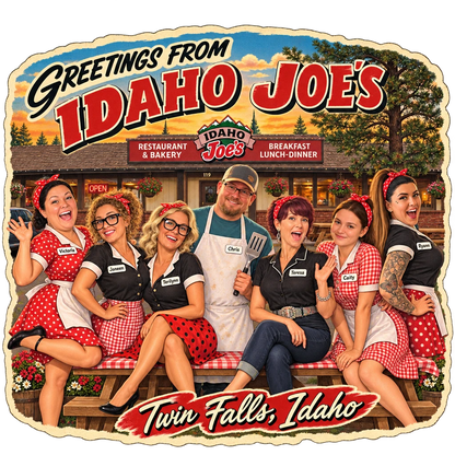 Idaho Joe's sticker: the crew on a vintage Twin Falls postcard – “Greetings From Idaho Joe's”
