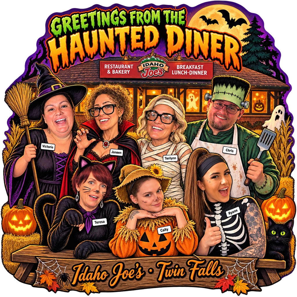 Idaho Joe's sticker: the crew in costume at the haunted diner – “Greetings From the Haunted Diner”