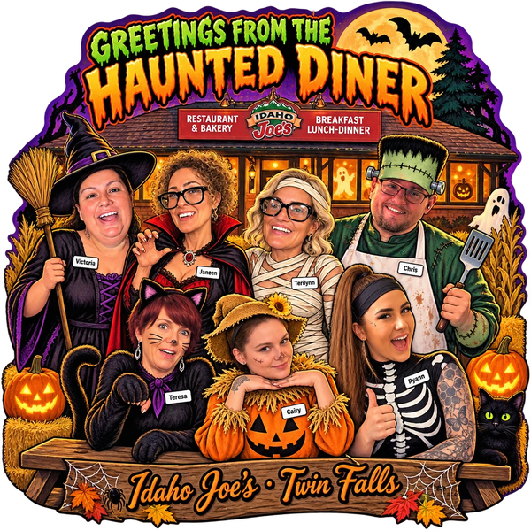 Idaho Joe's sticker: the crew in costume at the haunted diner – “Greetings From the Haunted Diner”