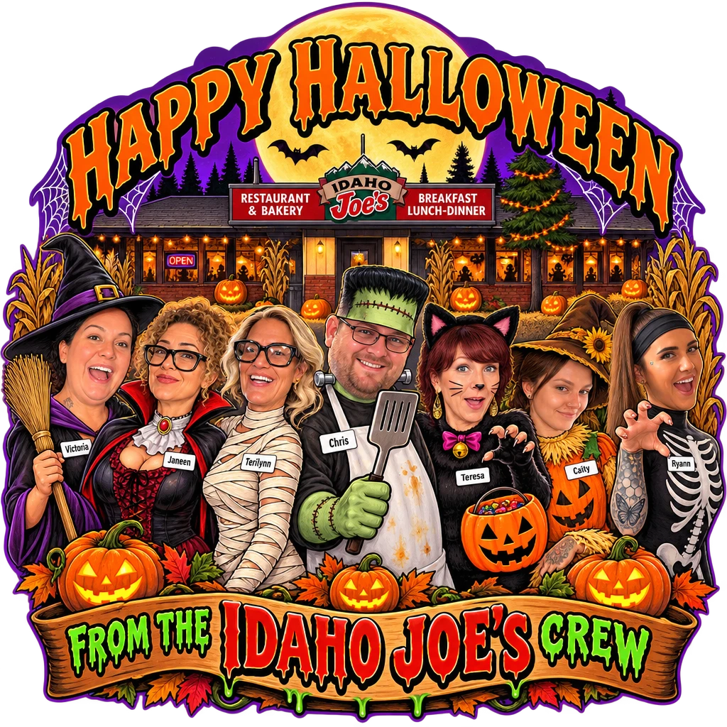 Idaho Joe's sticker: the whole crew in Halloween costumes outside the diner – “Happy Halloween From the Idaho Joe's Crew”