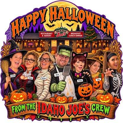 Idaho Joe's sticker: the whole crew in Halloween costumes outside the diner – “Happy Halloween From the Idaho Joe's Crew”