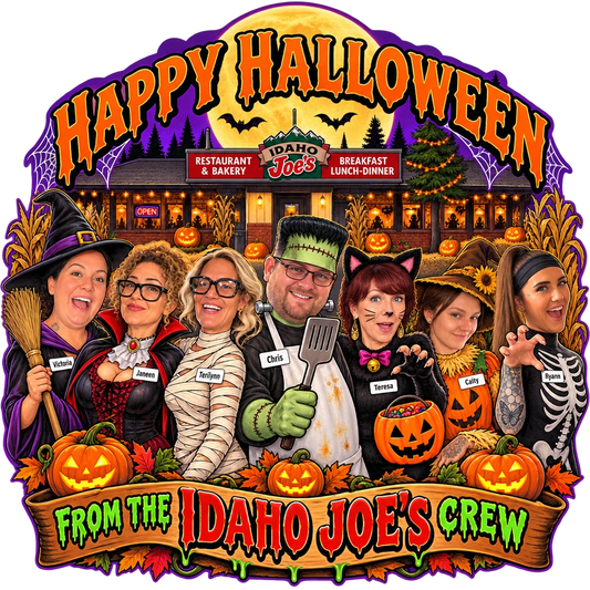 Idaho Joe's sticker: the whole crew in Halloween costumes outside the diner – “Happy Halloween From the Idaho Joe's Crew”