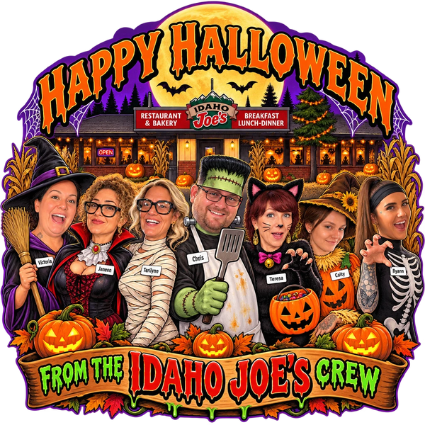 Idaho Joe's sticker: the whole crew in Halloween costumes outside the diner – “Happy Halloween From the Idaho Joe's Crew”